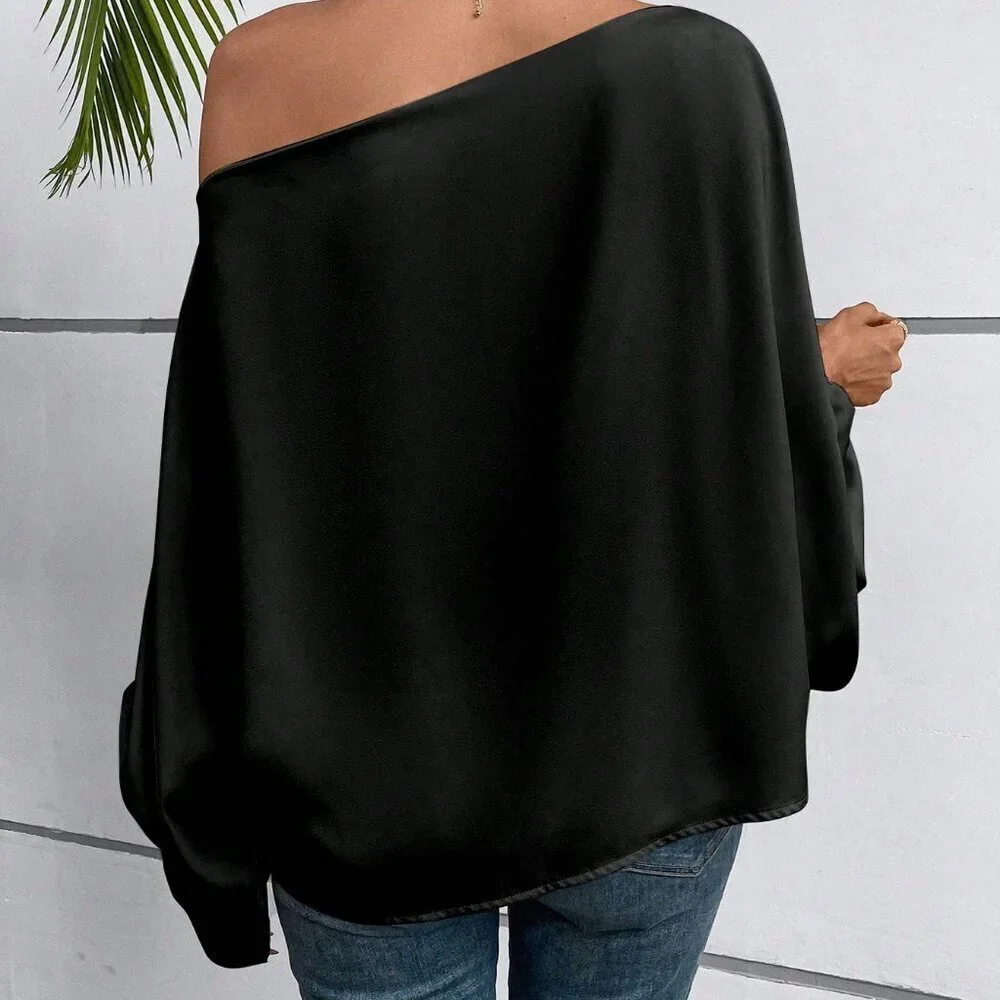Black Casual Women's Asymmetric Collar Batwing Sleeve Loose Blouse